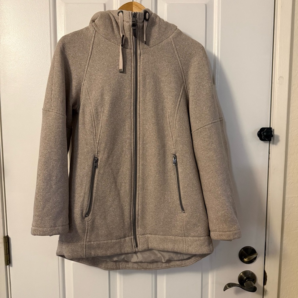 1 Madison Expedition knit hooded long full zip jacket small tan NWOT